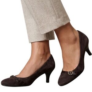 Ann Taylor LOFT Brown Suede Croc Embossed Buckle Kitten Heel Pumps Size 6.5